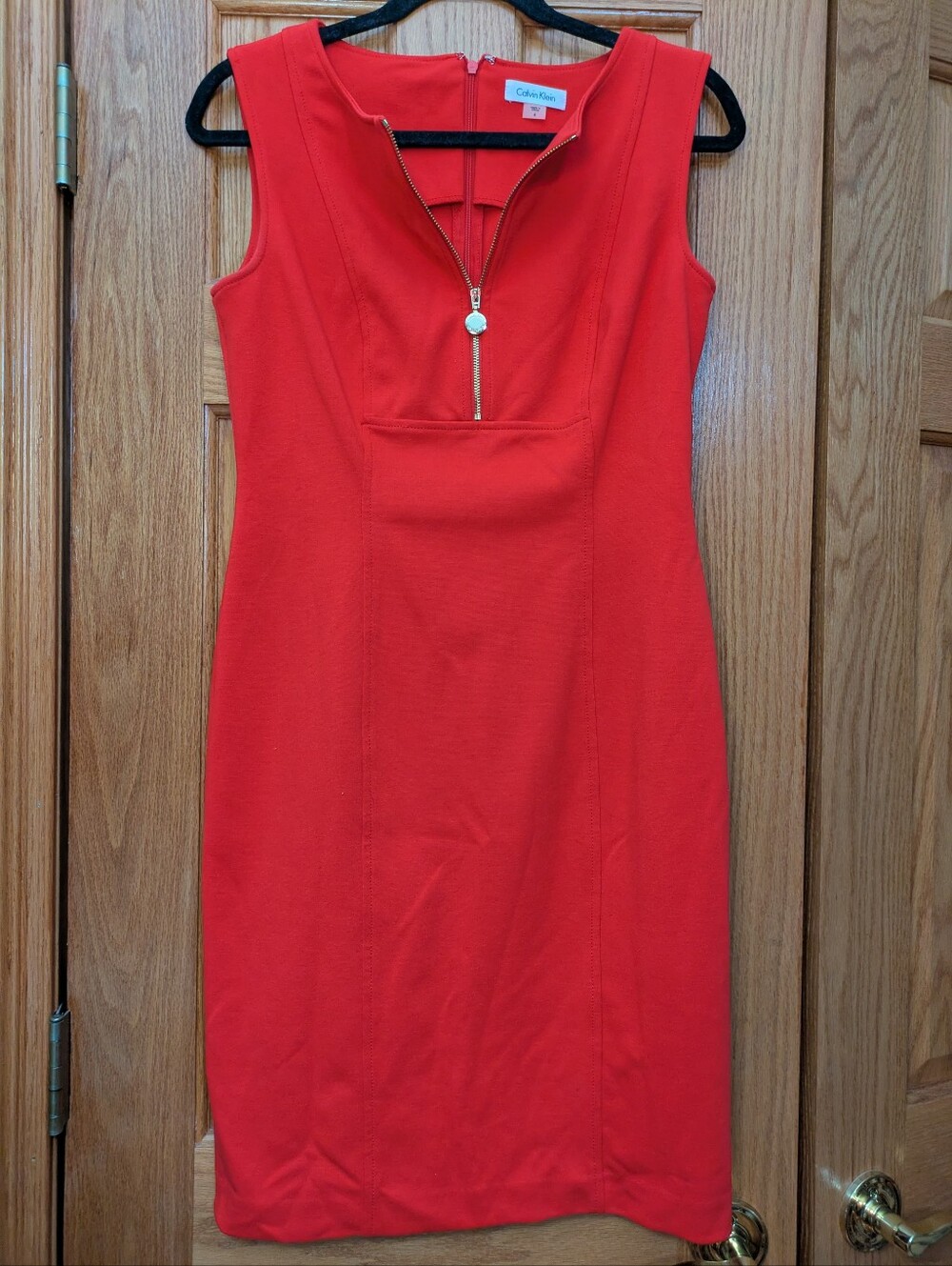 Calvin Klein Red Sleeveless Sheath Dress with Gold Zip Accent - 6